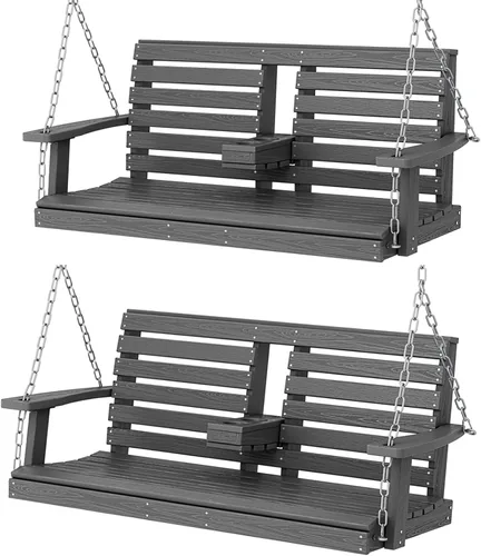 Vista 19 de KINGYES Columpio colgante para porche al aire libre, silla de patio de 2 asientos con portavasos, banco impermeable para patio y jardín, capacidad