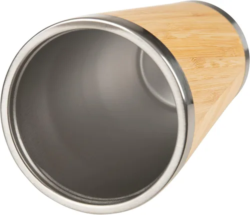 Vista 3 de Taza de viaje de bambú de acero inoxidable, tapa a prueba de derrames y taza de café aislada de 16 onzas