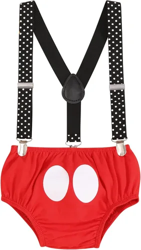 Vista 4 de IDOPIP Traje de bebé niño para 1er y 2 cumpleaños con corbatín y tirantes, pantalones cortos con diadema para fiesta de fotos