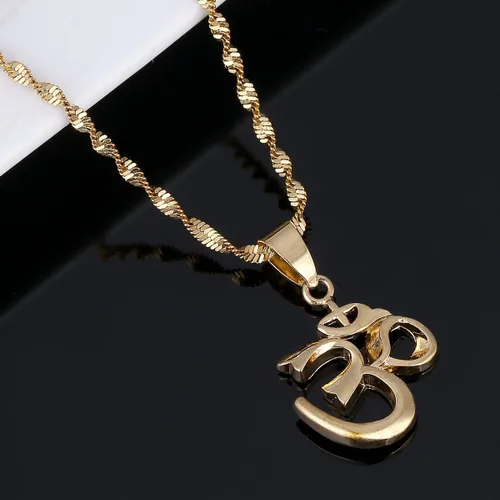Vista 3 de CB Gold Jewelry Collar con colgante de hinduismo, yoga, meditación, Aum Om Ohm, sánscrito, símbolo de la India, Latón