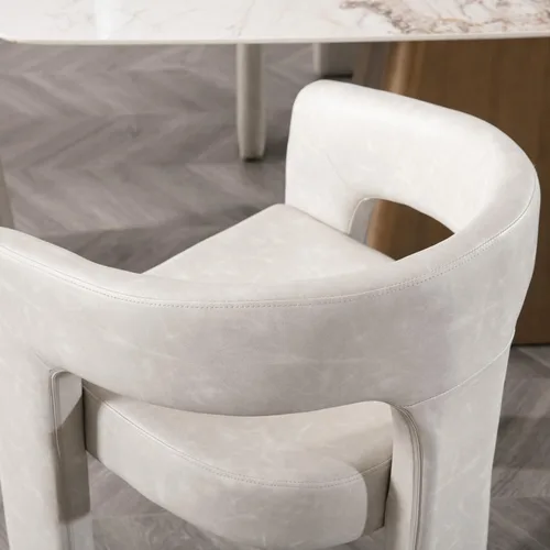 Vista 4 de Silla Moderna de Comedor Barrel, Silla Tapizada de Cocina de Piel Sintética con Brazos, Silla Lateral Cómoda para Sala de Estar/Oficina en Gris Pu