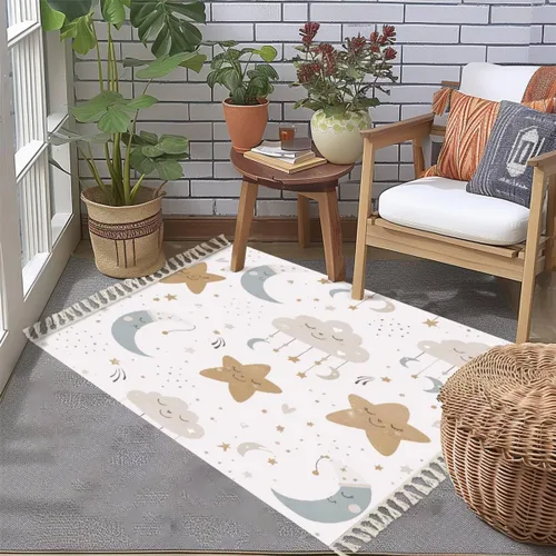 Vista 3 de Alfombra bohemia para dormitorio de niños, sala de juegos, guardería, bonita alfombra celestial sin costuras de dibujos animados bebé estampado una