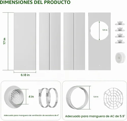 Vista 2 de Kit de ventana de ventilación para secadora, apto para conductos de 4 pulgadas y manguera de CA de 5.9 pulgadas para ventana corredera