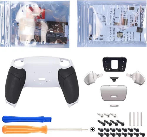 Vista 3 de eXtremeRate Silver Real Metal Buttons (RMB) Version RISE 2.0 Remap Kit for PS5 Controller with Black Rubberized Grip White Back Shell, Upgraded