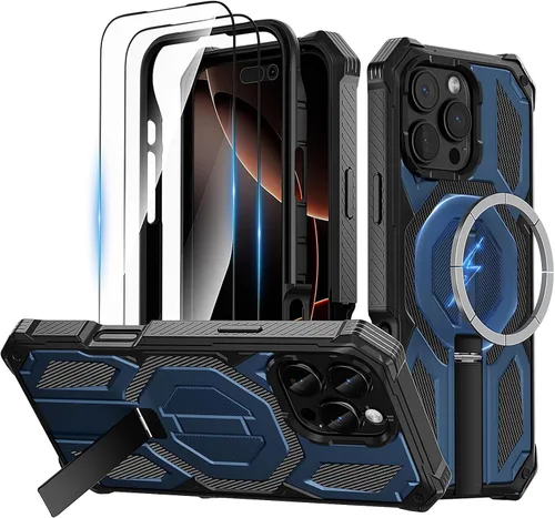 Vista 12 de Funda magnética para iPhone 15 con soporte y protector de pantalla [compatible con Magsafe] antideslizante, cuerpo completo, doble capa, resistente
