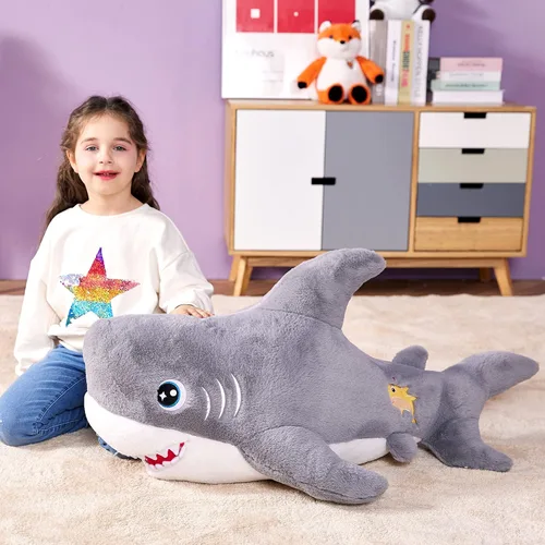 Vista 2 de IKASA Juguete de peluche de tiburón gigante, 39 pulgadas, juguetes suaves grandes y bonitos, enorme tamaño grande, esponjoso, de gran