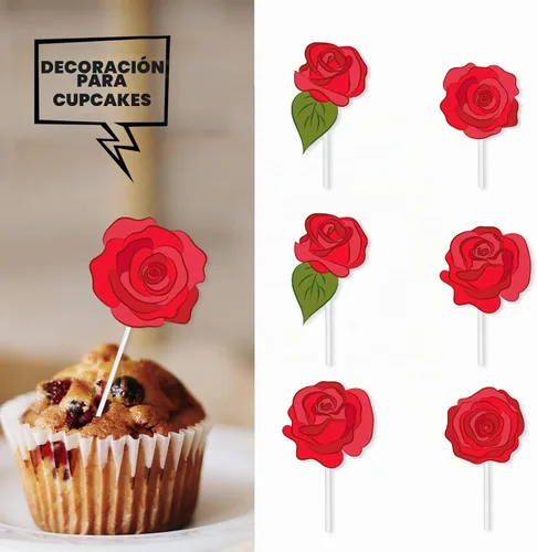 Vista 4 de 18 piezas de decoración de postre de rosas rojas para decoración de postre para el día de San Valentín, boda, aniversario, despedida de soltera