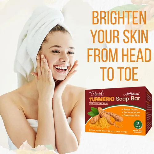 Vista 2 de Jabón de cúrcuma natural para cara y cuerpo – Jabón iluminador de piel de cúrcuma para manchas oscuras, áreas íntimas, axilas – Lavado facial