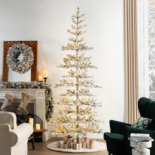 Vista 32 de Glitzhome - Árbol de Navidad artificial delgado preiluminado de 2.4 m, con ramas de pino Aspen Frostfall, soporte plegable de metal, 500 luces Aspen