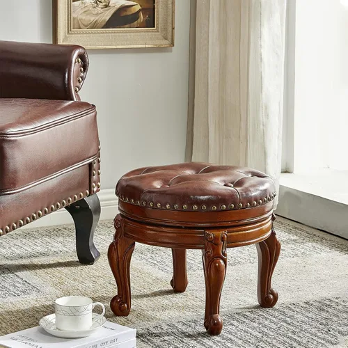 Vista 2 de Taburete de pie de madera maciza, reposapiés otomano redondo de mediados de siglo con cojín de cuero de microfibra para sala de estar, dormitorio