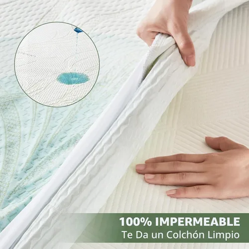 Vista 3 de Protector de colchón impermeable tamaño Queen, protector de colchón transpirable de rayón de bambú con bolsillos elásticos profundos, hipoalergénico
