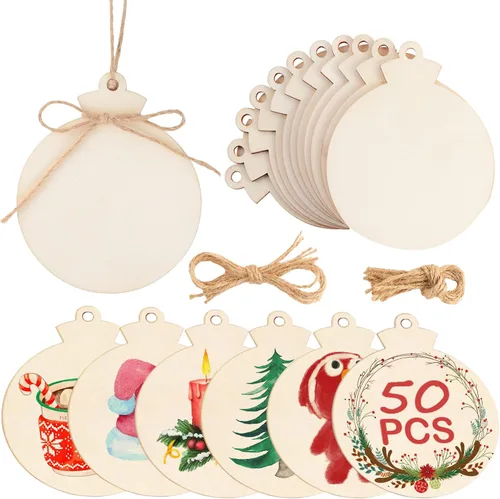 Vista 8 de OurWarm 48 adornos de Navidad de madera, 6 estilos de adornos de rebanadas de madera sin terminar, juego de adornos de Navidad con campanas