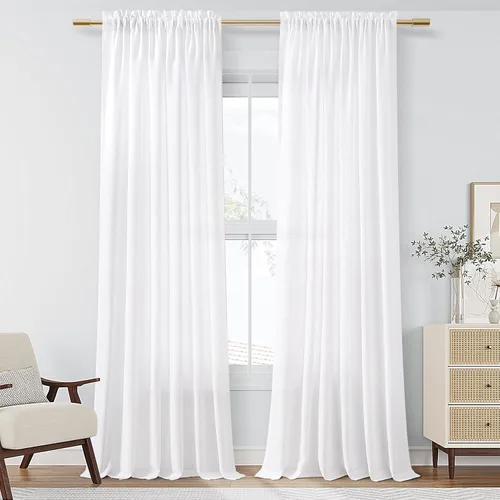 Vista 98 de Cortinas de lino verde aguamarina de 84 pulgadas de largo, juego de 2 paneles semitransparentes con bolsillo para barra para comedor, decoración