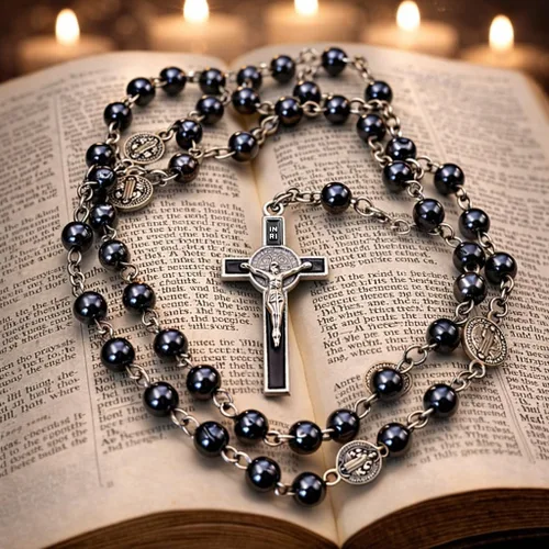 Vista 6 de TALISMAN4U Collar con rosario católico, cuentas de hematita negra, medalla de San Benito y caja de regalo de cruz, Hematita