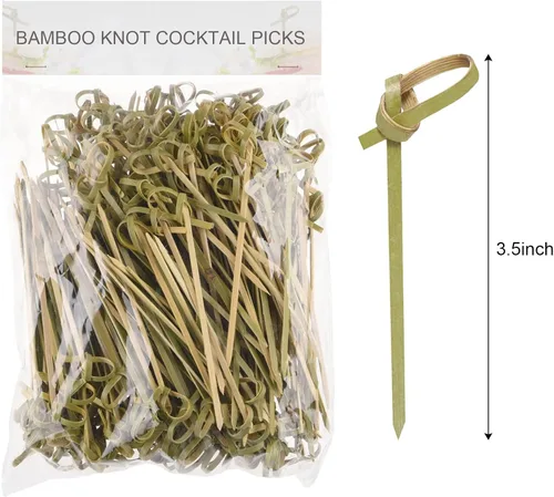 Vista 3 de Paquete de 200 palillos de cóctel de nudo de bambú de 3.5 pulgadas, palillos de dientes largos y elegantes con nudo en bucle, palillos de comida