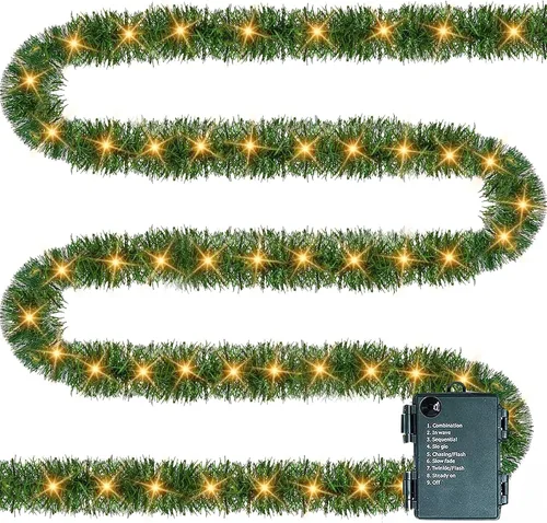 Vista 8 de TW SHINE - Guirnalda de Navidad preiluminada de 9,1 m, decoraciones con 100 luces LED, guirnaldas artificiales de pino con 8 modos, guirnalda verde