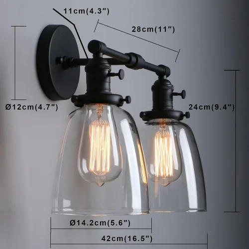 Vista 10 de Phansthy Apliques de pared industriales retro de 2 luces, lámpara de tocador de baño, lámpara de pared con doble pantalla de vidrio transparente