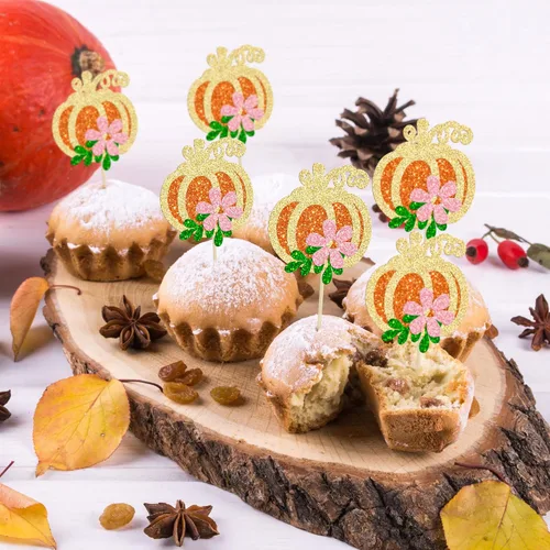 Vista 6 de 24 adornos de calabaza para cupcakes con purpurina para otoño, hojas, flores, calabaza, cupcakes, decoración de pasteles para Halloween, decoración