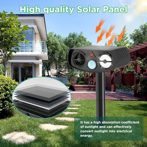 Vista 2 de Repelente solar de animales para exteriores, disuasorio ultrasónico activado por movimiento con luz LED, repelente al agua para patio, jardín