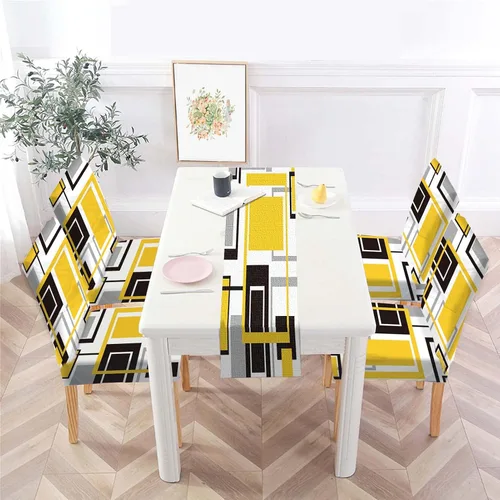Vista 10 de MCALK Juego de 4 fundas para sillas de color gris abstracto y camino de mesa, fundas elásticas para sillas grises para cocina, protector de silla