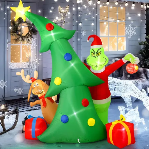 Vista 3 de Hioasis Decoración inflable de Navidad para exteriores de 9 pies, árbol con monstruo verde de Navidad, perro y cajas de regalo con luces LED