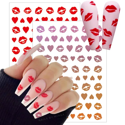 Vista 6 de 10 hojas de calcomanías de arte de uñas para el día de San Valentín, calcomanías de labios sexys 3D, holográficas de corazón, autoadhesivas, diseño