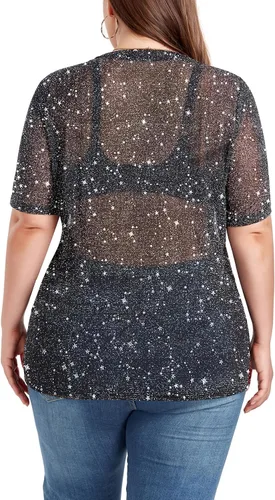 Vista 5 de ForHailey Blusa de manga corta transparente de malla para mujer, talla grande