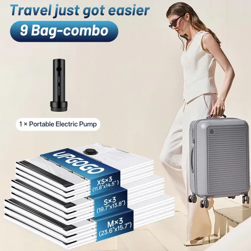 Vista 2 de Bolsas de vacío de viaje para equipaje con bomba eléctrica portátil, bolsas de sellado al vacío para ropa, cubos de embalaje de compresión