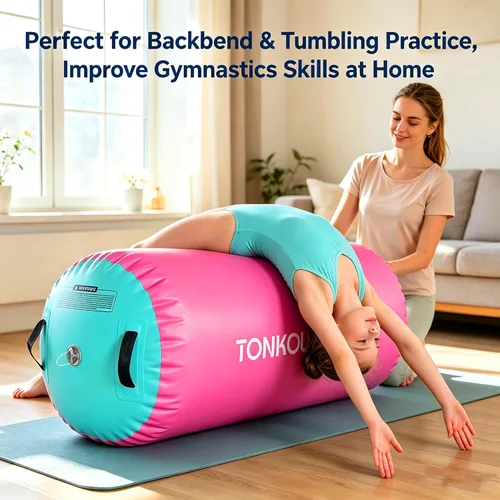 Vista 2 de Colchoneta inflable de gimnasia de 10 pies, 13 pies, 16 pies, 20 pies, para uso doméstico, entrenamiento, animadoras, agua Pink & Mint Green
