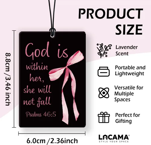 Vista 7 de Lacama Ambientador cristiano para automóvil, 3 piezas, lazo rosa y negro, coqueta con versículo bíblico cristiano, ambientador para mujeres y niñas