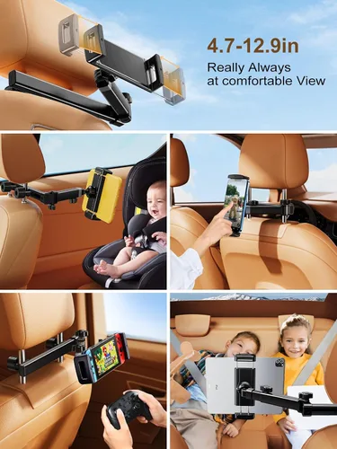 Vista 6 de Soporte para reposacabezas de coche, soporte para asiento trasero para iPad de 4.7 a 12.9 pulgadas Adjustable Extension Arm & 360° Rotating Clamp
