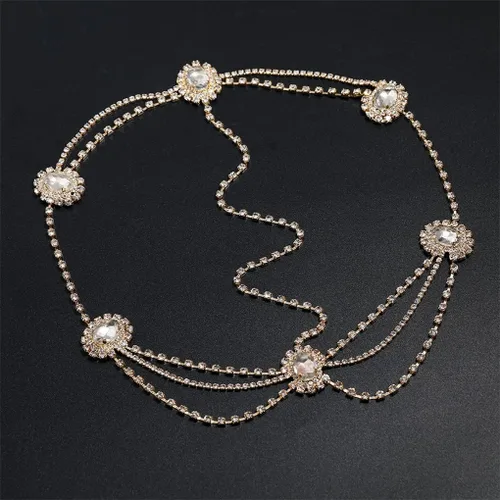 Vista 4 de Cadena de cabeza dorada para mujeres y niñas, tocados de cristal vintage, bohemios, festivales, egipcios, renacentistas, para bodas, bailes, fiestas