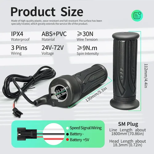 Vista 2 de Acelerador de giro completo para bicicleta eléctrica, mango derecho, acelerador de 24 V, 36 V, 48 V, 60 V, 72 V, con conector impermeable de 3