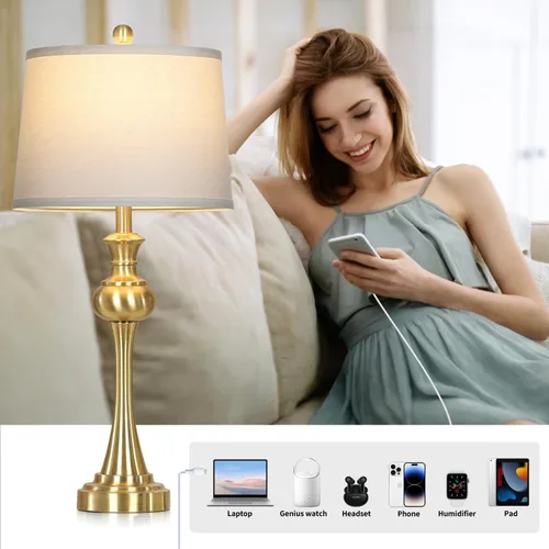 Vista 5 de Cinyirong Lámparas de mesa doradas de 28.75 pulgadas, modernas, con control táctil de 3 vías, regulable, con puertos USB A+C y salidas de CA