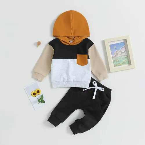 Vista 9 de Ropa para bebé niño pequeño, sudadera con capucha y bloques de color, 2 piezas, sudadera para otoño e invierno