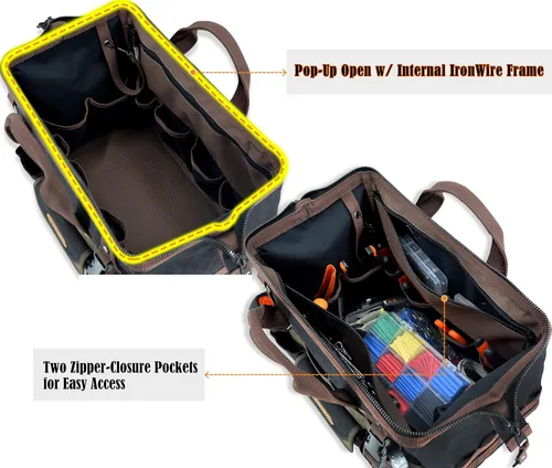 Vista 4 de WELKINLAND Bolsa de herramientas de lona encerada con 32 bolsillos, bolsa de herramientas resistente para electricistas, bolsas de herramientas