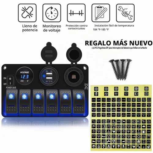 Vista 6 de FXC Panel de interruptor basculante de barco marino impermeable de 6 bandas con enchufe de ranura USB doble de 3.1 A + encendedor de cigarrillos +
