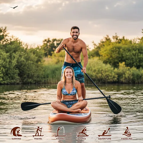 Vista 6 de FEATH-R-LITE Tabla de remo inflable para adultos SUP con bomba de accesorios premium, pala ajustable, correa, tres aletas, mochila