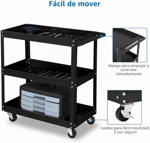 Vista 3 de TUFFIOM Carrito de herramientas rodante de 3 niveles, capacidad de 330 libras, con mango ergonómico, negro