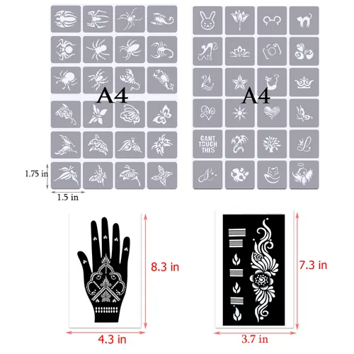 Vista 3 de Kit de Plantillas de Tatuajes Temporales de Henna de 16 Hojas, 72 PIEZAS Patrones de Animales y Flores Henna para Pintura Facial Plantillas de Arte