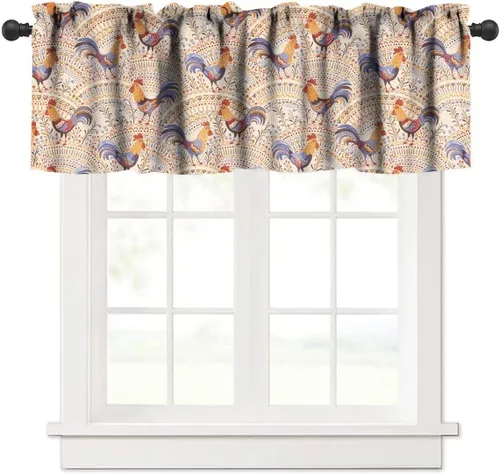 Vista 32 de Cenefa de ventana de gallo de Western Farm, pollo, girasol, retro, con estampado de cuadrícula de búfalo amarillo, bolsillo para barra, tratamientos