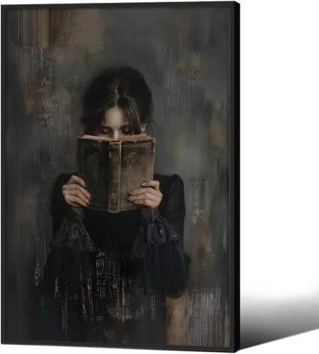 Vista 10 de Haitunone Arte de Pared de Lectura Femenina Victoriana Academia Oscura Libros Melancólicos Póster Pintura al Óleo Antigua Impresiones en Lienzo