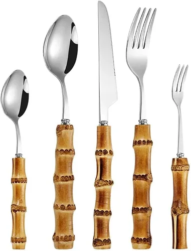 Vista 11 de juegos de cubiertos plateados de bambú, juegos de cubiertos de bambú para 18, juegos de cubiertos de cocina domésticos, se recomienda lavar a mano