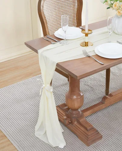 Vista 8 de WARM HOME DESIGNS Tela de gasa beige de 35 x 120 pulgadas. Utiliza material de gasa de lujo como camino de mesa, decoración de arco de boda, bufanda