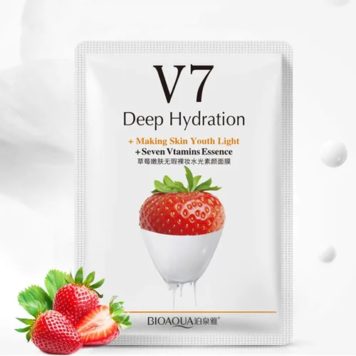Vista 2 de BIOAQUA V7 Hidratación profunda que hace la piel facial de la juventud, siete vitaminas esencia, naranja, kiwi, manzana, fresa, máscara facial