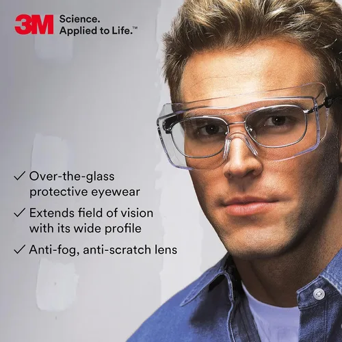 Vista 2 de 3M Gafas de seguridad, OX, se adaptan a los anteojos graduados (OTG), paquete de 20, ANSI Z87, lente transparente antivaho y marco negro