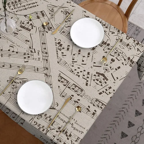 Vista 2 de Mantel de notas musicales retro, mantel rectangular de lino para decoración de fiestas musicales, suministros de comedor, cocina, decoración