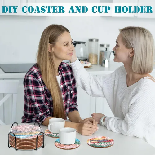 Vista 5 de 8 posavasos de pintura de diamantes para manualidades, paisaje, bricolaje, 5D, kit de pintura de diamante, posavasos brillantes con soporte