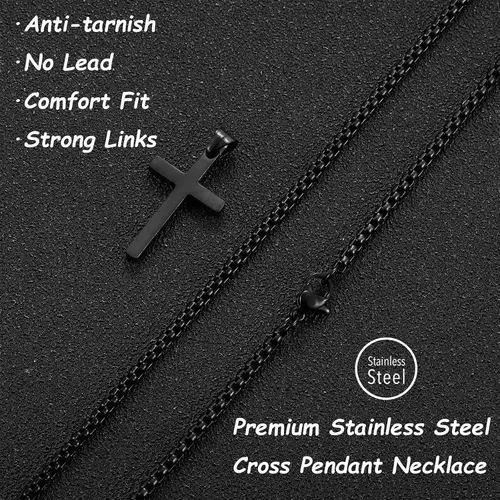 Vista 4 de HSWYFCJY Collar de cruz para hombre, plata negra y oro, acero inoxidable, con dije de cruz lisa, collar con colgante de cruz, joyería fiel