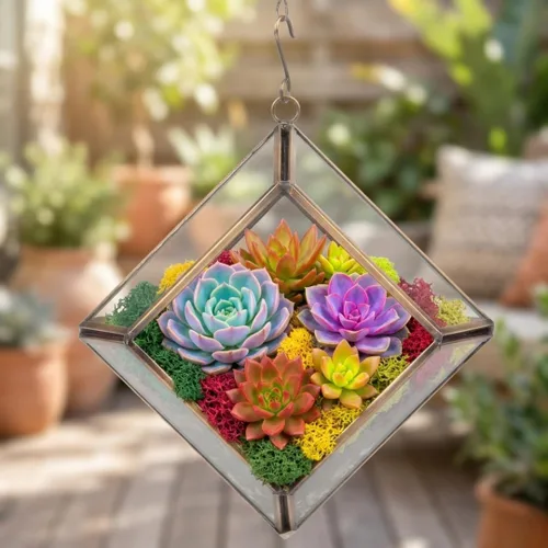 Vista 4 de D'Eco Glass - Mini exhibición de diamantes (5 x 5 x 3.5 pulgadas), terrario para macetas colgantes, decoración de primavera y Pascua, hogar y boda